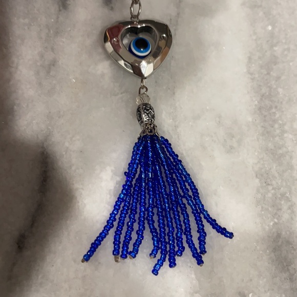 Blue Heart Evil Eye 🧿 Silver Dangling Beaded Keychain - Picture 2 of 4